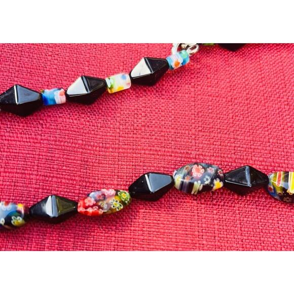 Millefiori Multicolored & Black Glass Beaded Necklaces 16” Artisan Boho T Clasp - Picture 7 of 11